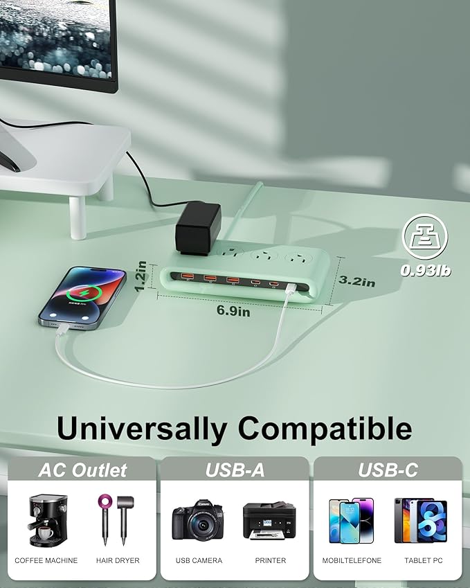 Power Strip with USB C 35W,10-in-1 Flat Plug Wall Charger - 5FT Extension Cord with 4AC, 3 USB A & 3 USB C - PD20W Charging Station for Multiple Devices - Travel Home Office (Green)