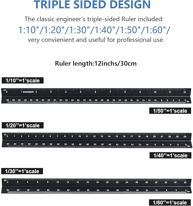 Architectural&Engineering Triangular Scale Ruler, 12 Inch Architectural Scale Ruler Set, Laser-Etched Aluminum with Stainless Steel Ruler for Architects, Students, Draftsman, Engineers (3 PCS)