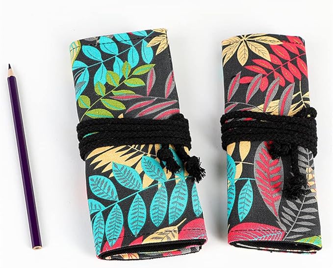 DIYOMR 24/36/72 Slots Pencil Wrap Pencil Rolls, Artist Colored Pencils Roll Up Bag Short Brushes Pouch Case Pencils Organizer for Drawing Coloring and Sketching (Colorful Leaves, 36slots)