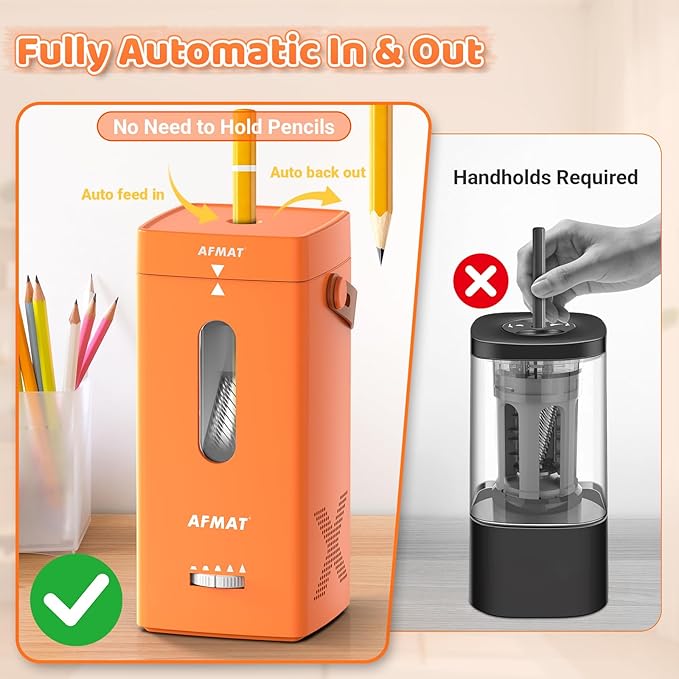 AFMAT Electric Pencil Sharpener, Fully Automatic Pencil Sharpener, Auto in & Out, Rechargeable Hands-Free Sharpeners for Jumbo & Colored Pencils (6.5-12mm), Portable for Home/Classroom/Office PSC6