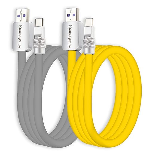 chubbycable Couple Chubby 2 Pack 120W USB C Cable Extra Thick Silicone Fast Charging Cable Compatible with iPhone 17-15 Series iPad Galaxy Series, Gray+Yellow, USB-A to Type-C, 16.4FT