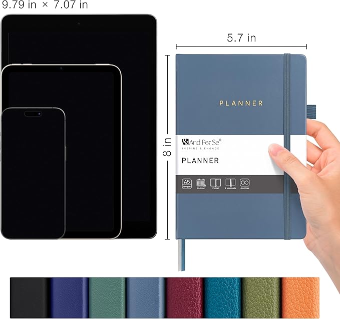 And Per Se Undated Planner, Weekly & Monthly Planner with Goal & Habit Tracker, A5 Leather Hardcover Productivity Journal for Academic Year (Dark Blue)