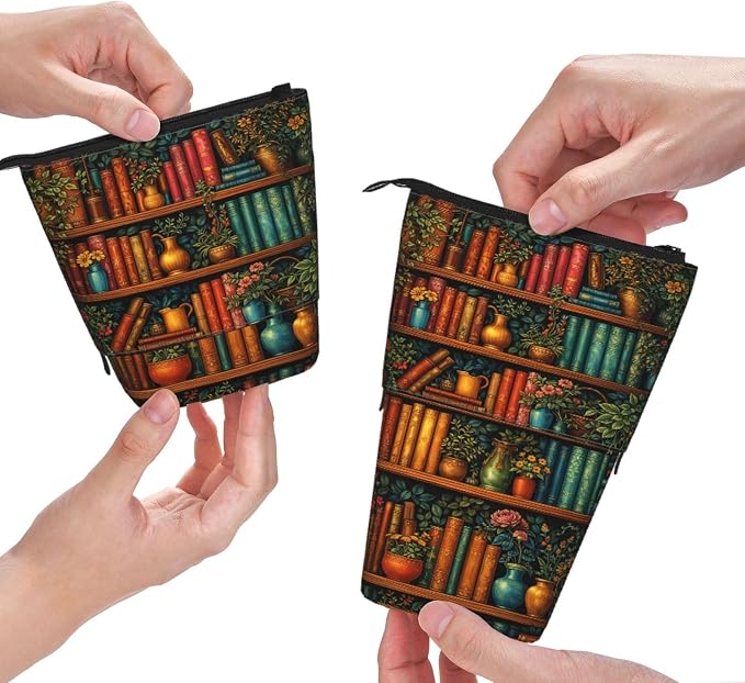 Bookshelf Plant Kids Standing Pencil Case Girls Boys Telescopic Stationary Pouch with Zipper Large Capacity Stand up Pen Bag Portable Makeup Holder for Children School Students Office Supplies