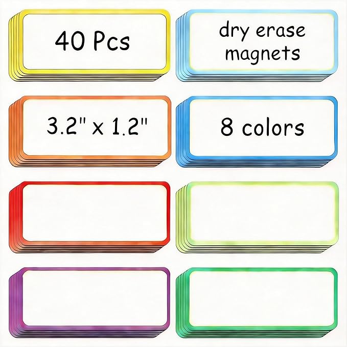 Leinuosen 40 Pcs Magnetic Dry Erase Labels Name Plate Tags Flexible Reusable Magnetic Label Stickers for Classroom Office Whiteboard Refrigerator Locker Shelf Craft(8 Bordercolor,3.2 x 1.2 Inch)