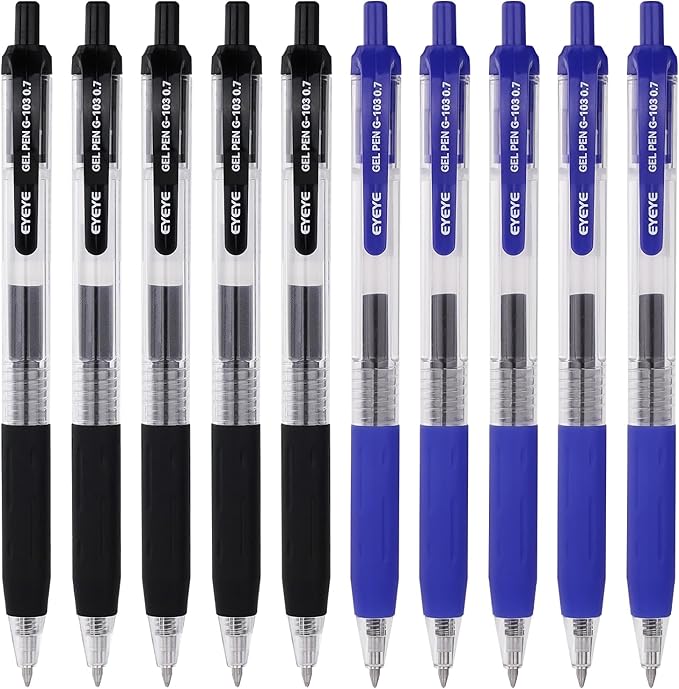 EYEYE G-103 Black Gel Pens 0.7mm, 5 Black 5 Blue Retractable Medium Point Ballpoint Pen Quick Drying, Pen Fine Point Smooth Writing Pens for Office School Supplies