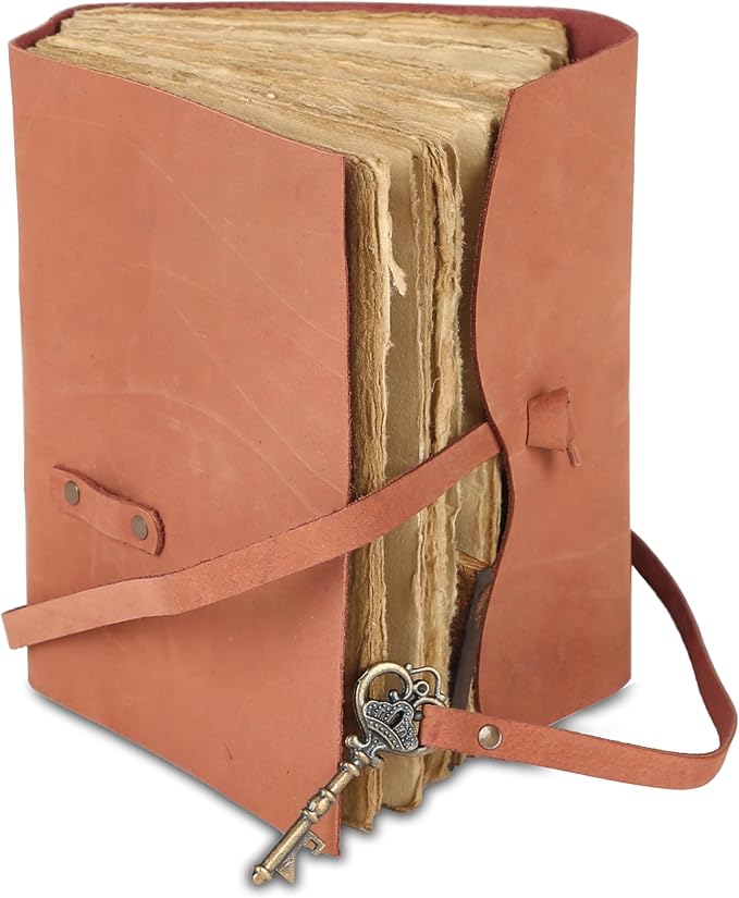 Leather Journal with Deckle Edge Paper 8x6 inch and Vintage Key | Handmade Writing Notebook Diary | Bound Daily Notepad for Men & Women Medium, Sketch/Writing pad for Artists