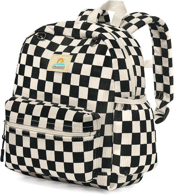 STEAMEDBUN Corduroy Toddler Backpack for Boys 2-4: Kids backpack for Boys Girls - 12 inch Preschool Kindergarten Backpacks - Checkered
