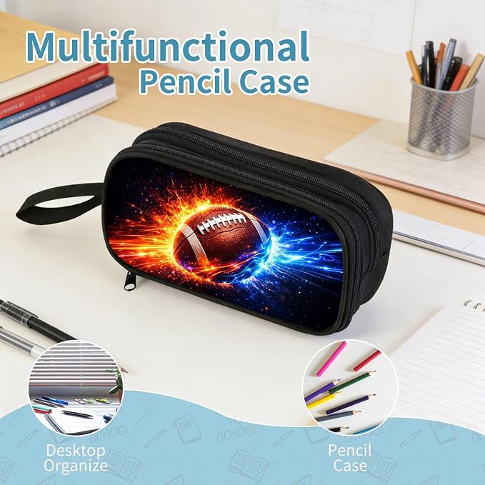 Firmiso Kids Pencil Case, Fire & Ice Football Graphic, Large Capacity Double Zipper Pencil Pouch with Compartments, Durable Polyester School Supplies Organizer, Back to School Essential
