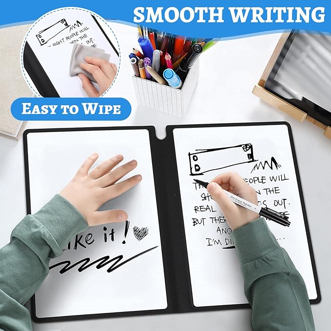 Marspark Portable White Board Dry Erase Board 9.4" x 6.7" Small Reusable Folding Double Sided Notebook Memo with Pen Cleaning Cloth Black Desk Accessories for Office School Study Meeting Planning