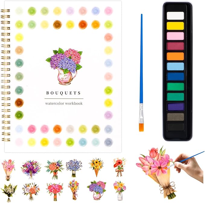 Metyond Watercolor Workbook - Watercolor Coloring Book with 1 Workbook 12 Colors Paint Set with Brush, Beginner Friendly Watercolor Workbooks Set Gift for Adults Teens (Bouquet)