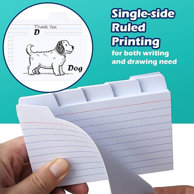 100 Pack Tabbed Index Cards 3x5 Lined Index Card Dividers with Tabs 3" x 5", White, 220 GSM Thick Paper