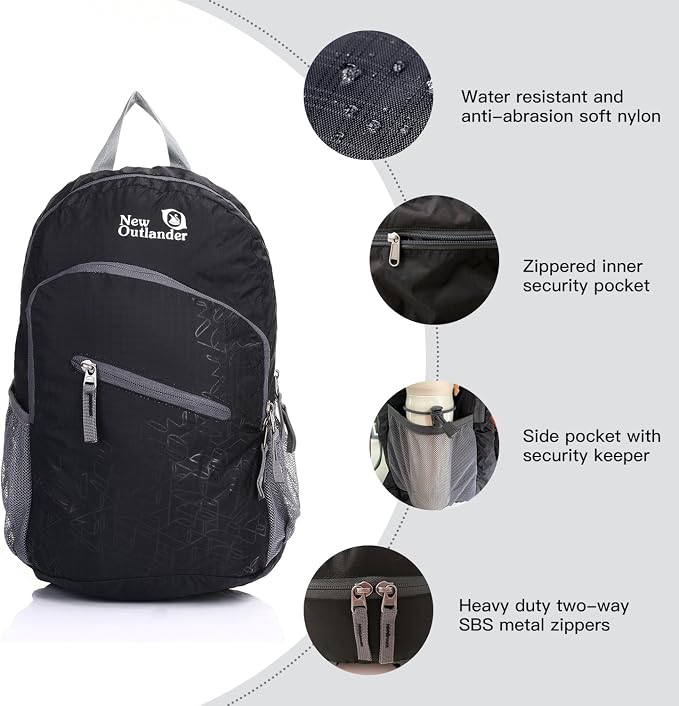 Outlander Packable Handy Lightweight Travel Hiking Backpack Daypack, Black