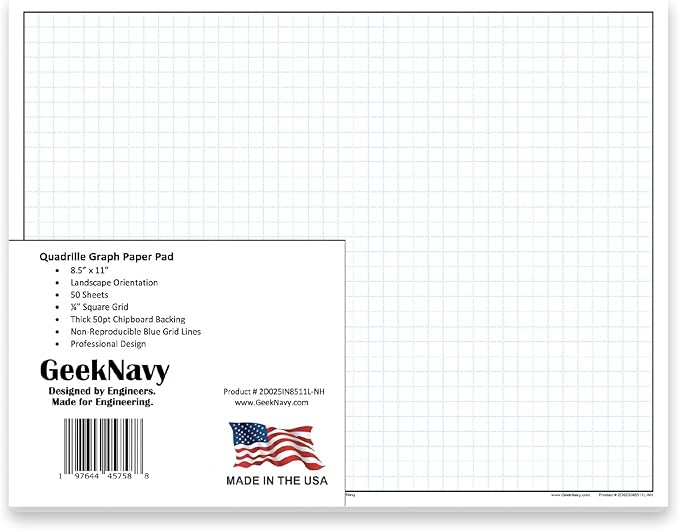 GeekNavy 8.5" x 11" Quadrille Graph Paper 50 Sheets Landscape - 0.25" 4x4 Square Grid, Blueprint, High Brightness, Border-Outlined, Drafting (1-Pack)