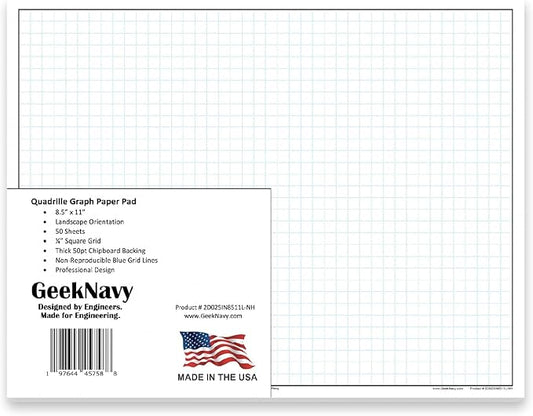 GeekNavy 8.5" x 11" Quadrille Graph Paper 50 Sheets Landscape - 0.25" 4x4 Square Grid, Blueprint, High Brightness, Border-Outlined, Drafting (1-Pack)