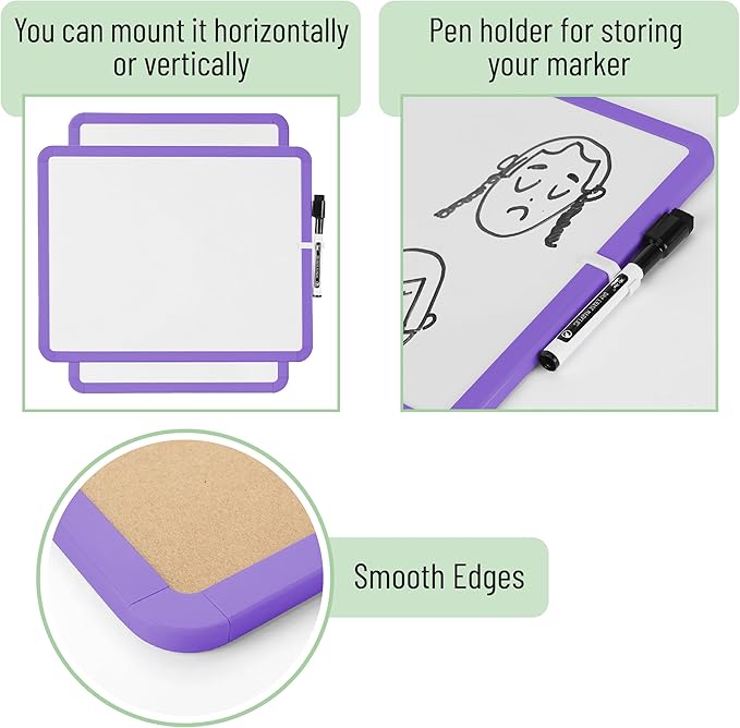 Mr. Pen- Dry Erase Board, 14” x 11” with a Black Dry Erase Marker, Purple Frame, Small Mini White Board for Students, Fridge, Wall, Locker, Includes Double Sided Tapes