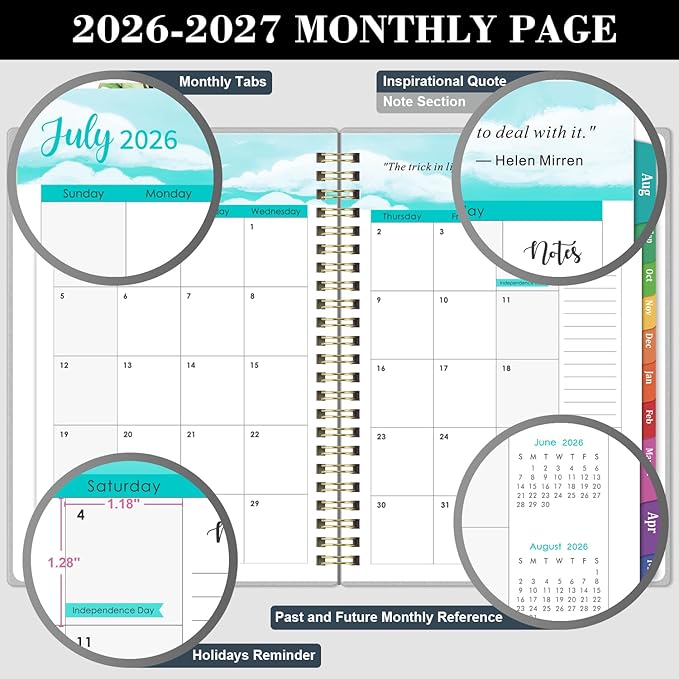 Planner 2026-2027 - Academic Planner 2026-2027, Jul. 2026 - Jun. 2027, 6.3'' x 8.4'', Weekly and Monthly Planner 26-27 with Back Pocket, Transparent PP Cover, Colorful Monthly Tabs
