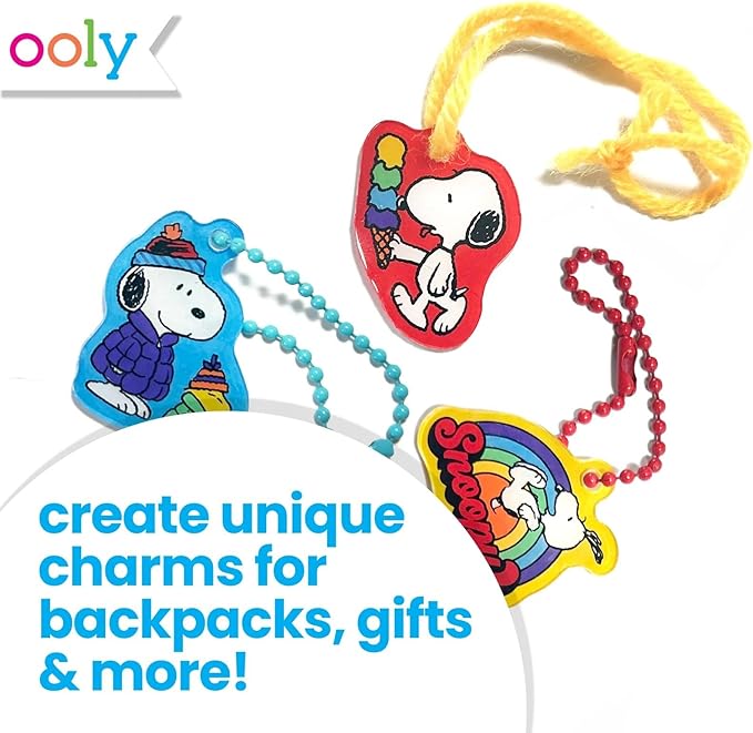 Ooly x Peanuts Snoopy 34 PC DIY Shrinking Art Kit for Kids with Markers, 20 Plastic Pre Cut Charms and More, No Mess Creative Activity Jewelry Making Kit