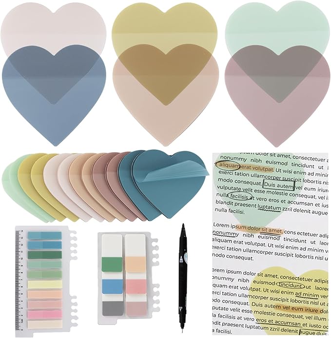 Vuzvuv 920 Sheets Transparent Heart Sticky Notes with Pen, Bulk Translucent Sticky Notes Set for Bible Tabs, Book Tabs, Office School Supplies