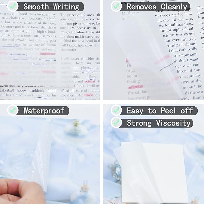 YOUDEFUL 800Pcs Transparent Sticky Notes, 3"x3" Clear Sticky Notes, Waterproof Translucent Sticky Note Pads for Books Annotation, Clear Post it Notes for Bible Study, School, Office（White）
