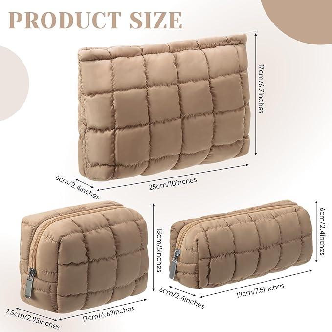 Huhumy 3 Pcs Puffy Makeup Bag Quilted Cosmetic Pouch for Women Cute Checkered Travel Toiletry Bag Puffer Makeup Organizer Purse Pouch Preppy Pencil Case with Zipper (Brown)
