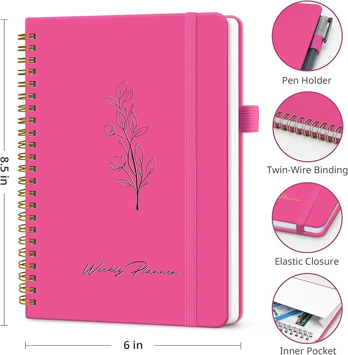 Taja Undated Weekly Planner, Weekly To Do List Notebook with Goal & Habit Tracker Organizer, A5 Weekly Planner Notebook with Spiral Binding, 6.1" x 8.2" - Berry Pink