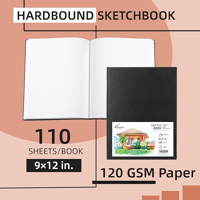 Hardcover 9" x 12" Sketch Pads for Drawing, 110 Sheets, 80lb/120GSM Marker Sketchbook - Acid Free Paper, Durable Binding, Bleedproof, Professional Hardbound Sketchbook (Pack of 1)