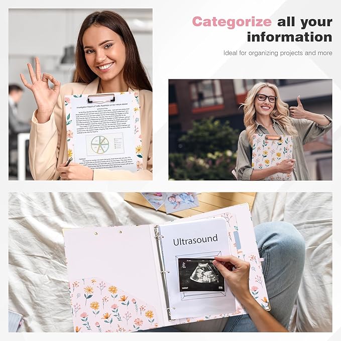 Ospelelf 3 Ring Binder 1 Inch Round Rings, Clipboard Binders for Letter Size Paper with 5 Tab Dividers, for School and Office Supplies, Pink Floral