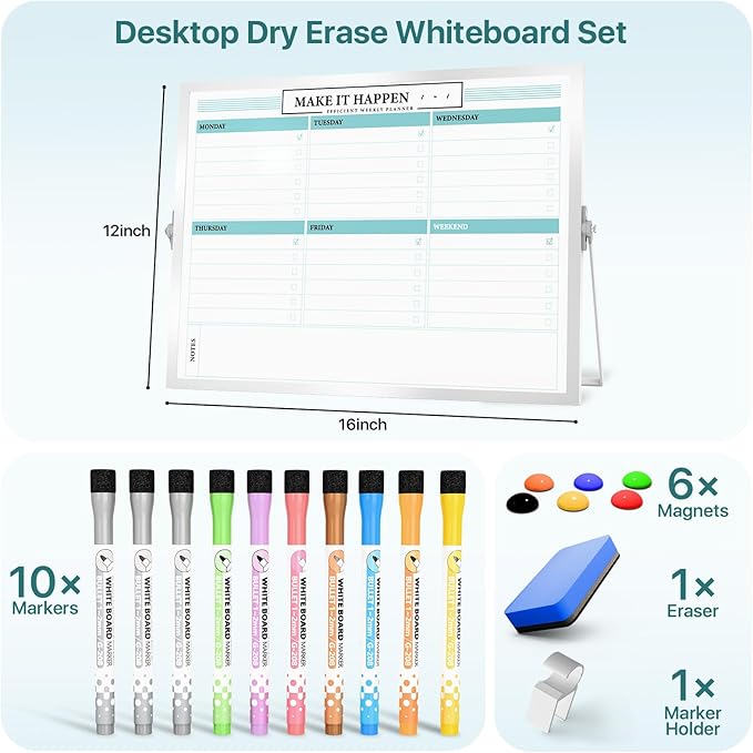 Marsrock Dry Erase White Board with Stand,Double-Sided Weekly Whiteboard 16"x12",10 Markers,6 Magnets,1 Eraser,Portable Desktop Whiteboard for Planning,Weekly Schedule Board for Office