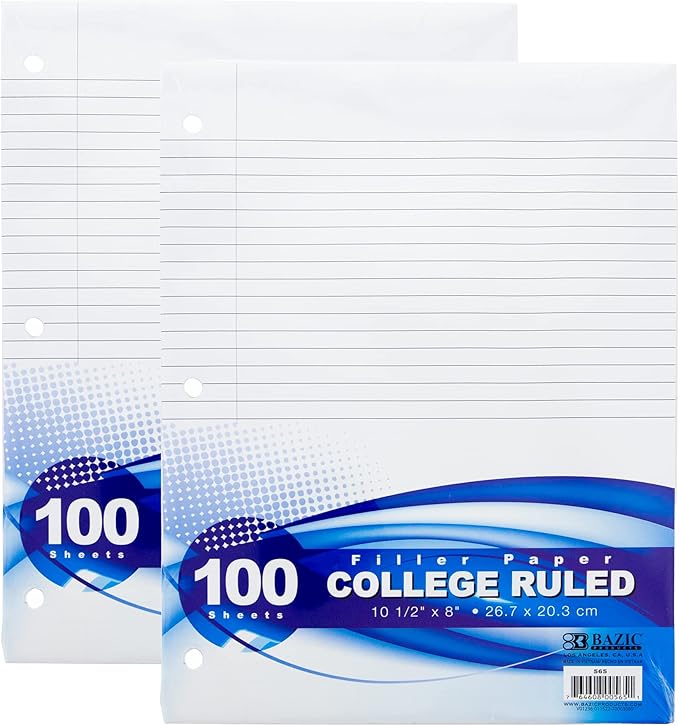 BAZIC Products College Ruled Filler Paper, 100 Sheets, 3-Hole Punched, 2-Pk