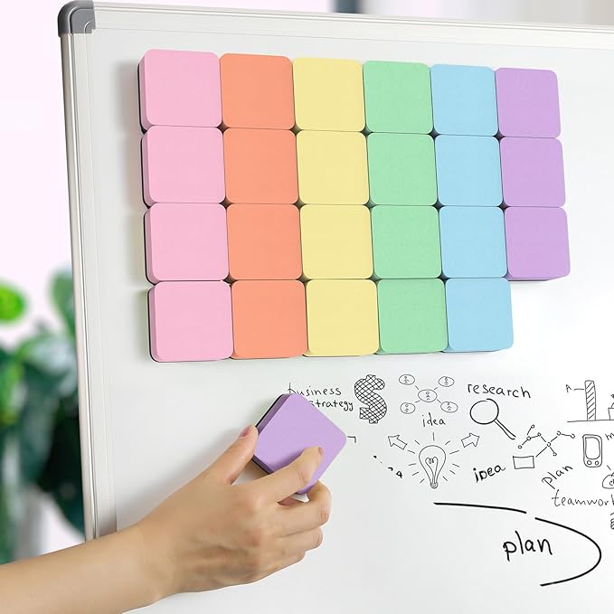 MaxGear Whiteboard Erasers Magnetic, 24 Pack Mini Dry Erase Erasers for Chalkboard, Strong Cleaning White Board Erasers Bulk for Office Classroom, Magnetic Backing, 6 Macaron Color, 2 x 2 x 0.6 Inch