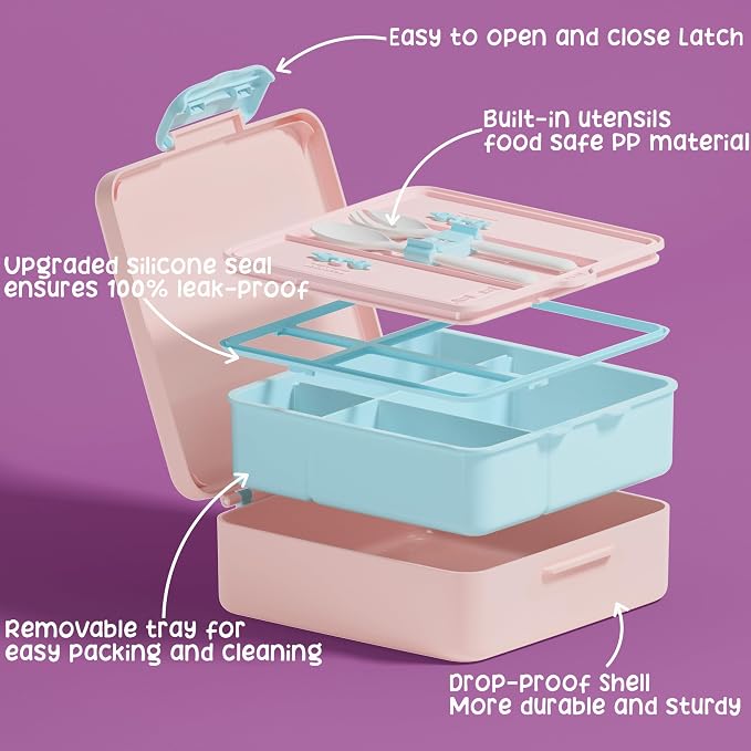 Fimibuke Bento Lunch Box for Kids, Toddler Bento Box with 4 Compartments | Leak Proof BPA Free Dishwasher Safe Lunch Container with Utensils, Ideal Portion Sizes for Ages 3-12 Girls Boys for School