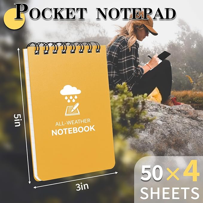 COIDEA Waterproof Notebook, 4 Pack Top-Spiral Pocket Notepad, 3" x 5" Weatherproof NotePad, All Weather Police Pocket Notebook Little Memo Steno Note Pads for Outdoor Office School Recording, Yellow