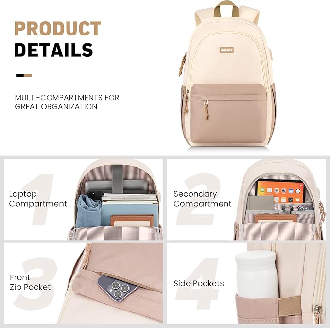 KROSIAS School Backpack for Teens Girls, Cute Student Bookbag Large 17.3 Inch Laptop Bag Aesthetic College Backpacks for Women High School Travel (Khaki Beige)