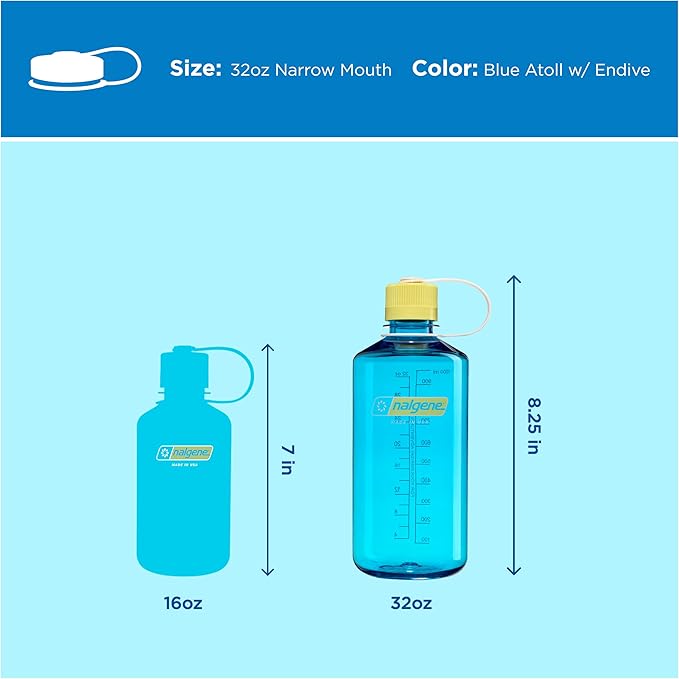 Nalgene 32 oz Narrow Mouth Water Bottle | BPA-Free, Durable & Leak Proof, Lightweight for Hiking & Gym – Thrill & Motion, Blue Atoll w/Endive