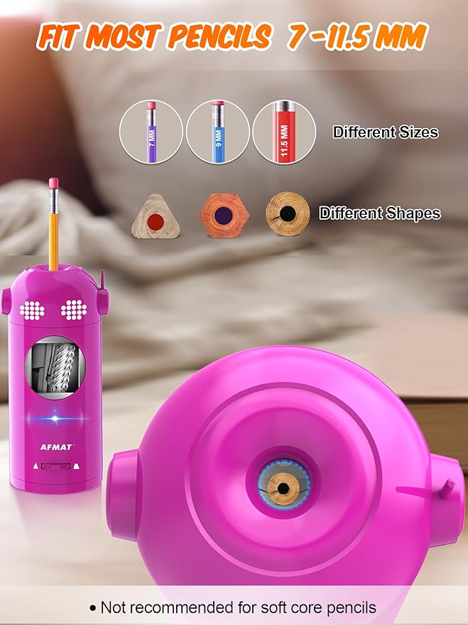 AFMAT Electric Pencil Sharpener Fully Automatic, Colored Pencil Sharpeners for 7-11.5mm Pencils, Rechargeable Hands-Free Robot Sharpener for Classroom, Home, Office, Battery Operated, PSX5EW, Pink