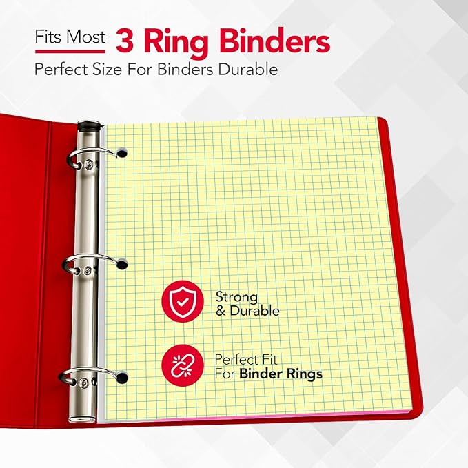 KAISA Loose Leaf Notebook Paper, 4x4 Quad Graph Ruled, 300 Sheets Per Lined Paper, 8" x 10.5", 3 Hole Punched for 3 Ring Binder, Canary, Made In USA