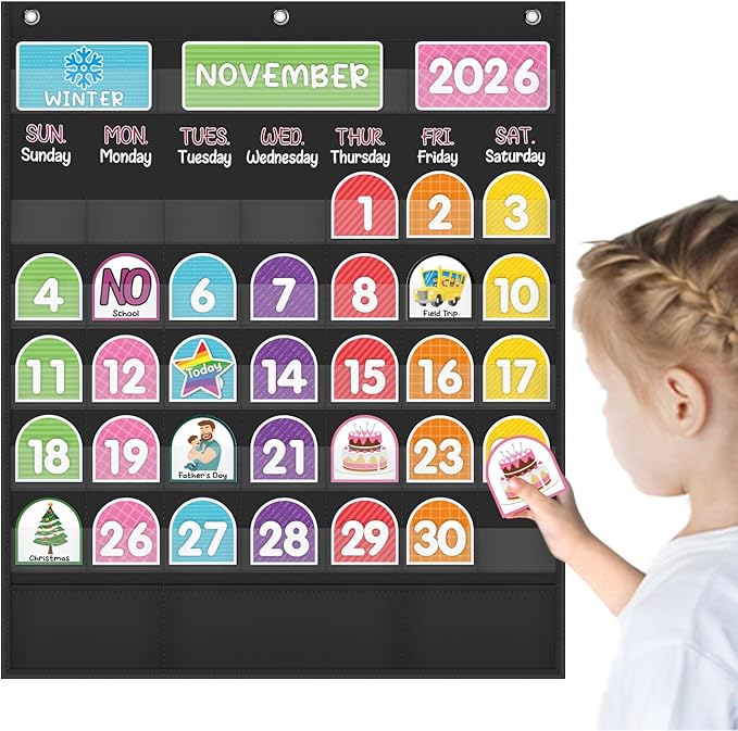 Mewise Monthly Calendar Pocket Chart with 92 Activity Cards for Kids,Simplified Calendar Pocket Chart for Kids Easy Learning,Classroom/Teacher Must Have Supplies/School Decor (Black English)