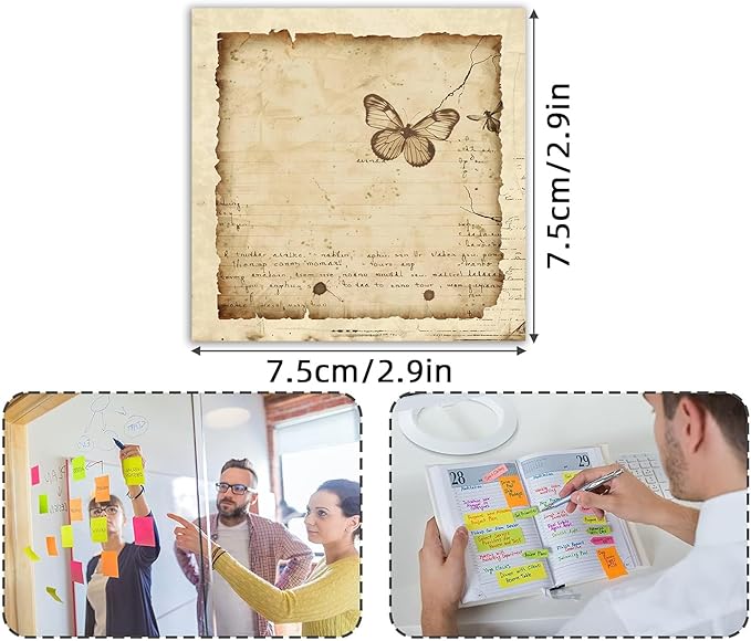 Retro Butterfly 4 Pack/200 Sheets 3x3 inch Sticky Notes Set, Vintage Memo Pads with High-Adhesive, Reusable Tearable Post it Notes for Journal Planners Office School Home, Bulk Stationery Gift