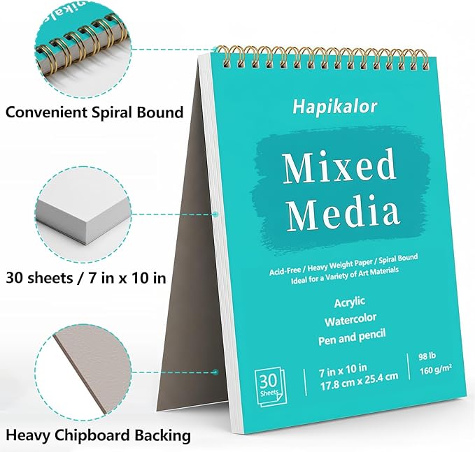 Sketch Book Mixed Media Pad - 7" x 10" Top Spiral Bound Sketch Pad, 30 Sheets 98lb/160gsm Acid-Free Drawing Paper, Art Supplies Sketchbook for Drawing, Sketching