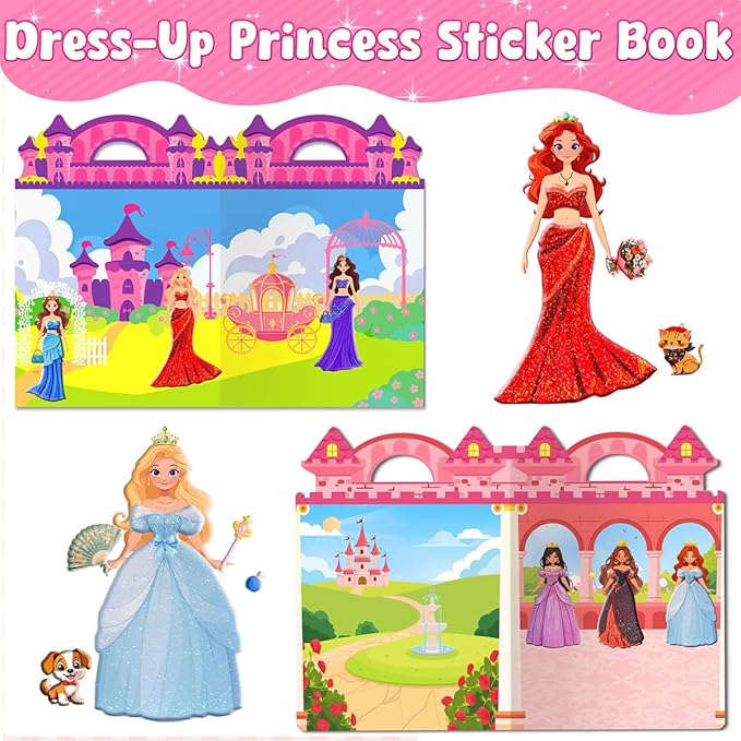 3D Reusable Puffy Sticker Activity Books, 190+ Fun Craft Princess Stickers for Kids, Car Travel Activities Essential, Screen-Free, Christmas Birthday Gifts for 3+ Year Old Girls