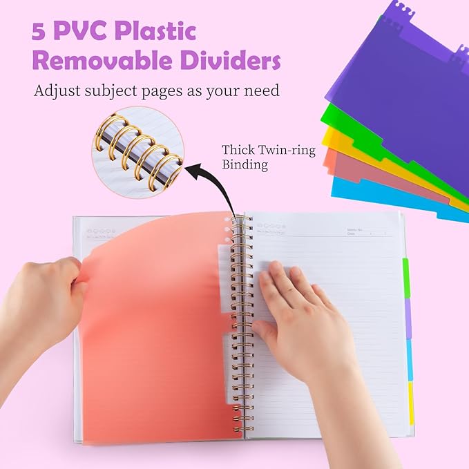 5 Subject Notebook for Work with Removable Dividers Tabs, Large 8.5" x 11 Spiral Lined Notebooks for School Note Taking & Organizer, A4 240 Pages College Ruled Journal for Women & Writing, Pink