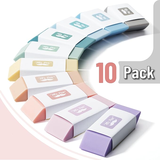 Mr. Pen- Pencil Erasers, 10 Pack, Morandi Colors, Soft Rubber Pencil Erasers for School, Office, Art Sketching, Homework, Exams, Clean Smudge-Free Correction