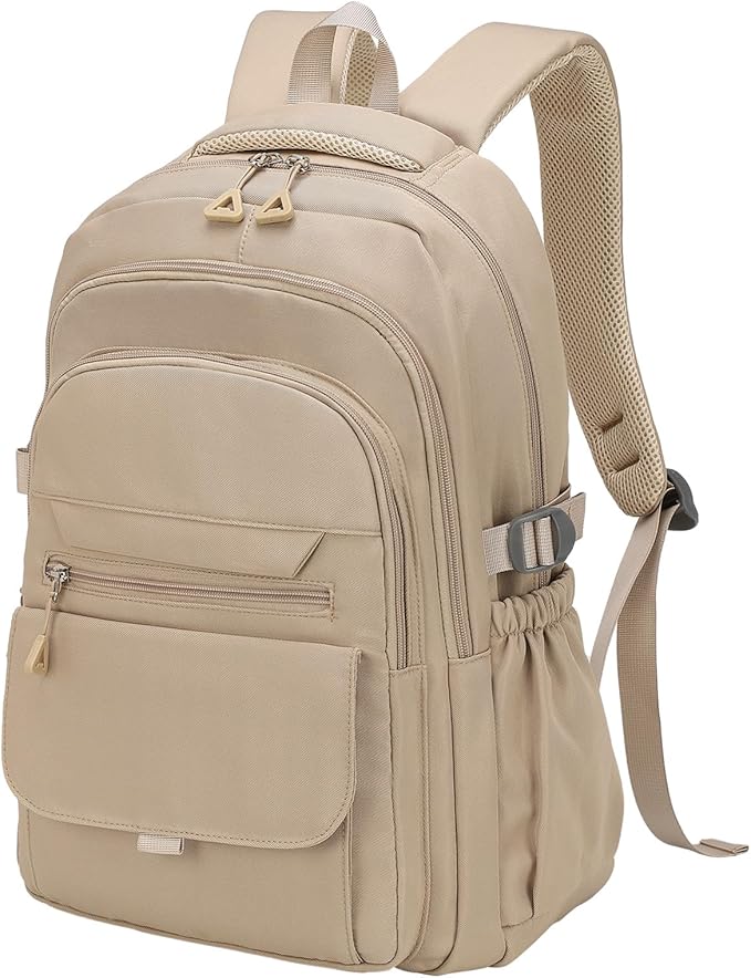 Aesthetic Daypack Backpack, Water-Resistant 15.6" Laptop Backpack for Women and Men, Featuring Touch-Fastener and Anti-Theft Pockets (Khaki)