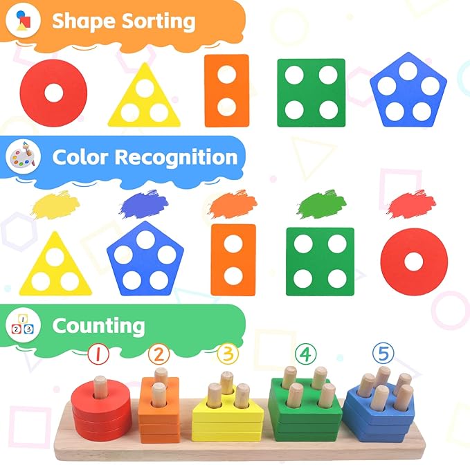 YHHYTOY Montessori Toys for 1 2 3 Year Old - Wooden Baby Stacking Toys Sensory Educational Shape Sorter Color Sorting Toy for Toddlers 1-3, Preschool Learning Birthday Gifts for Baby Girls Boys Kids