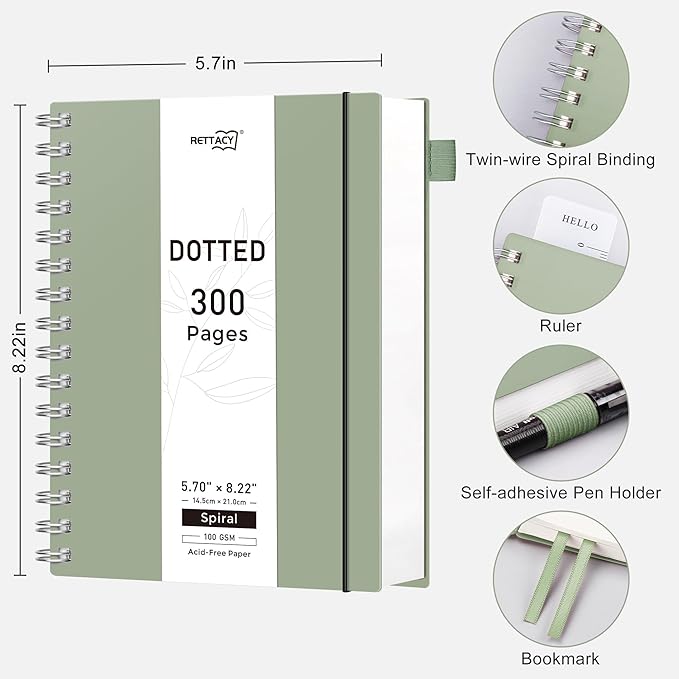 RETTACY Dotted Journal Notebook, 300 Pages, A5 Medium Size (5.7'' × 8.2''), 100 GSM Thick Paper, Flexible Plastic Cover, Spiral-bound, for Journaling, Planning, Tracking (Sage Green)