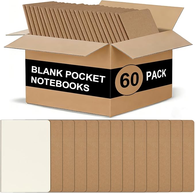 ZCZN 60 Pack Kraft Pocket Notebooks Bulk, 3.5 X 5.5 Inches Blank Paper Journaling Notebooks, 30 Sheets/60 Pages, Mini Journal Notebooks for Work, Writing, Drawing Memo Notepad(Kraft Cover)