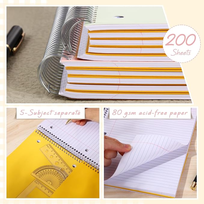 Qilery 6 Pack 5 Subject Notebook College Ruled with Hardcover 200 Sheets Thick Pages 8 x 10.5 Inch Spiral Journal Thick Notebook 3 Hole Assorted Colors Easy Tear Line Office(Pastel Colors)
