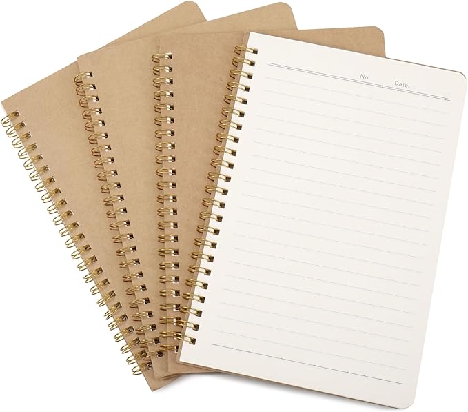 JIANTA Ruled Spiral Notebook, 4 Pack A5 Kraft Cover Wirebound Notebooks Bulk Journals, Memo Notepads Planner for Business Office School Travel, 100 Pages/50 Sheets