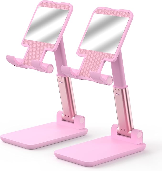 Cell Phone Stand, Adjustable Angle and Height Cell Phone Holder for Desk, Foldable and Portable, Anti-Slip Silicone Pad, Compatible with All Mobile Phones and 4-8 Inch Devices (Pink&Pink)