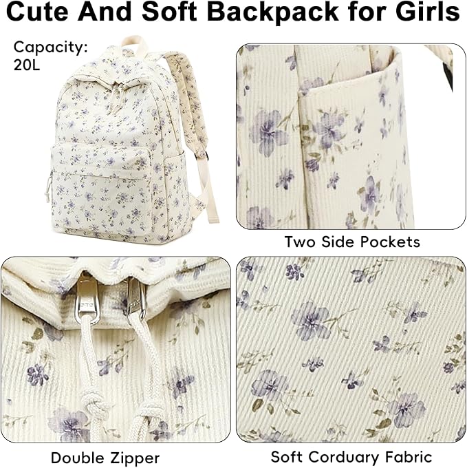 BTOOP School Backpack for Girls Teens Large Corduroy Bookbag Lightweight 15.6 inch Laptop Bag for Women Casual High School College (Purple Floral)